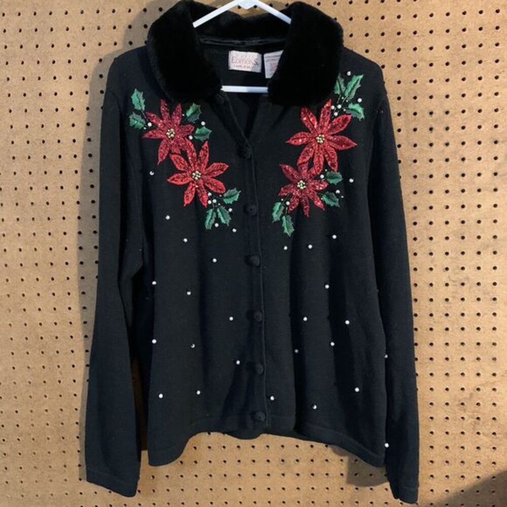 VTG Christmas Sweater Basic Editions Sequined‎ Poinsettias Size XL Novelty Pearl